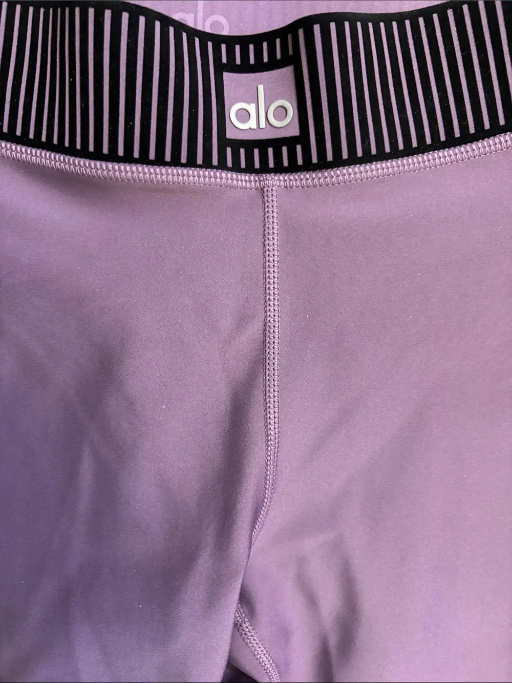 ALO Yoga Lavender Leggings with Black Piping and Striped Waistband